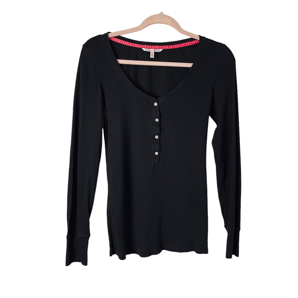 Victoria's Secret Womens Sleepwear Top Sz M Black Knit 1/4 Button V-Neck